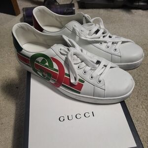 GUCCI UK 9 Men US 9.5 White Red Green GG Logo Low Top Lace Up Sneakers Shoes